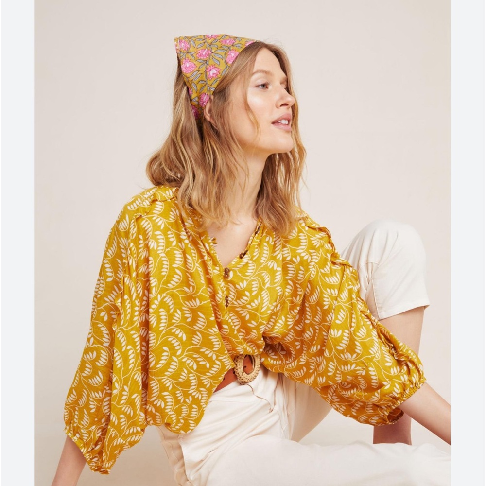 Maeve Golden Mustard Printed Button-Front Peasant Blouse